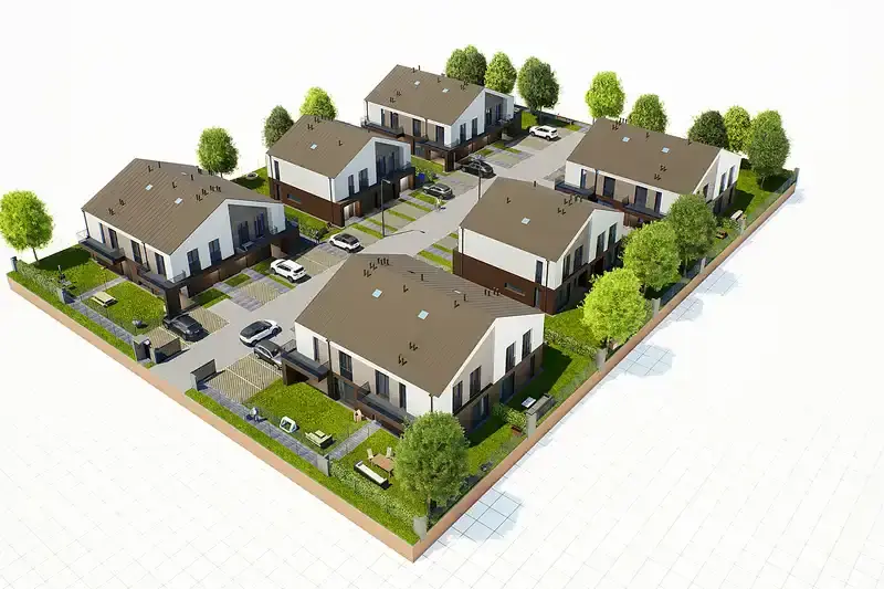 Plan osiedla Plażowa Park - sześć budynków wśród drzew