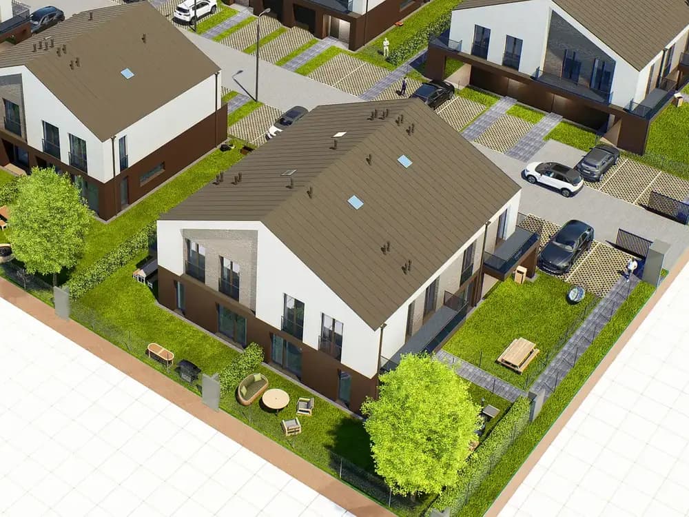 Budynek 1 i 2 osiedla Plażowa Park wśród drzew