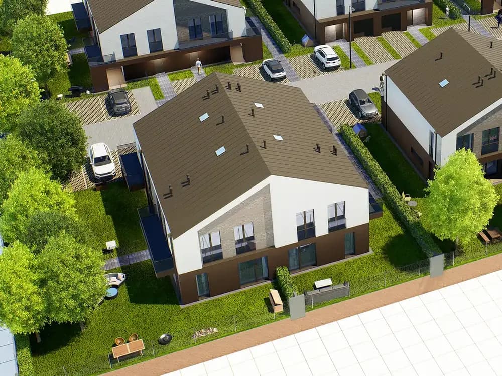 Budynek 4 i 5 osiedla Plażowa Park wśród drzew