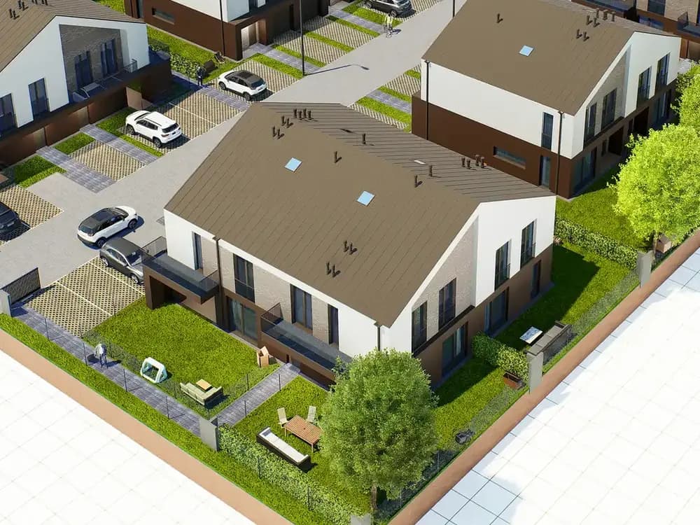 Budynek 9 i 10 osiedla Plażowa Park wśród drzew