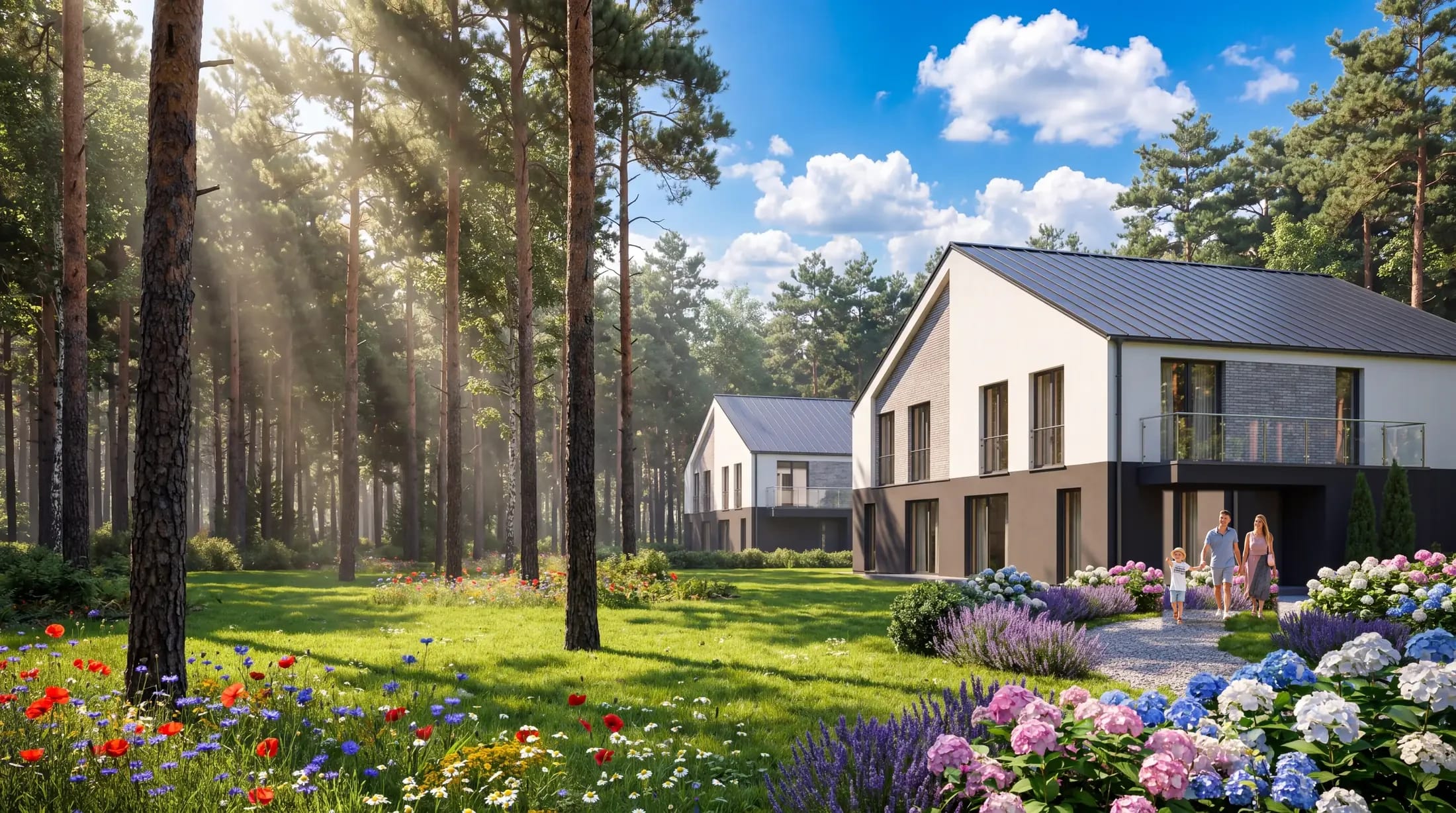 Dom Plażowa Park w sosnowym lesie, rodzina na ścieżce prowadzącej do wejścia