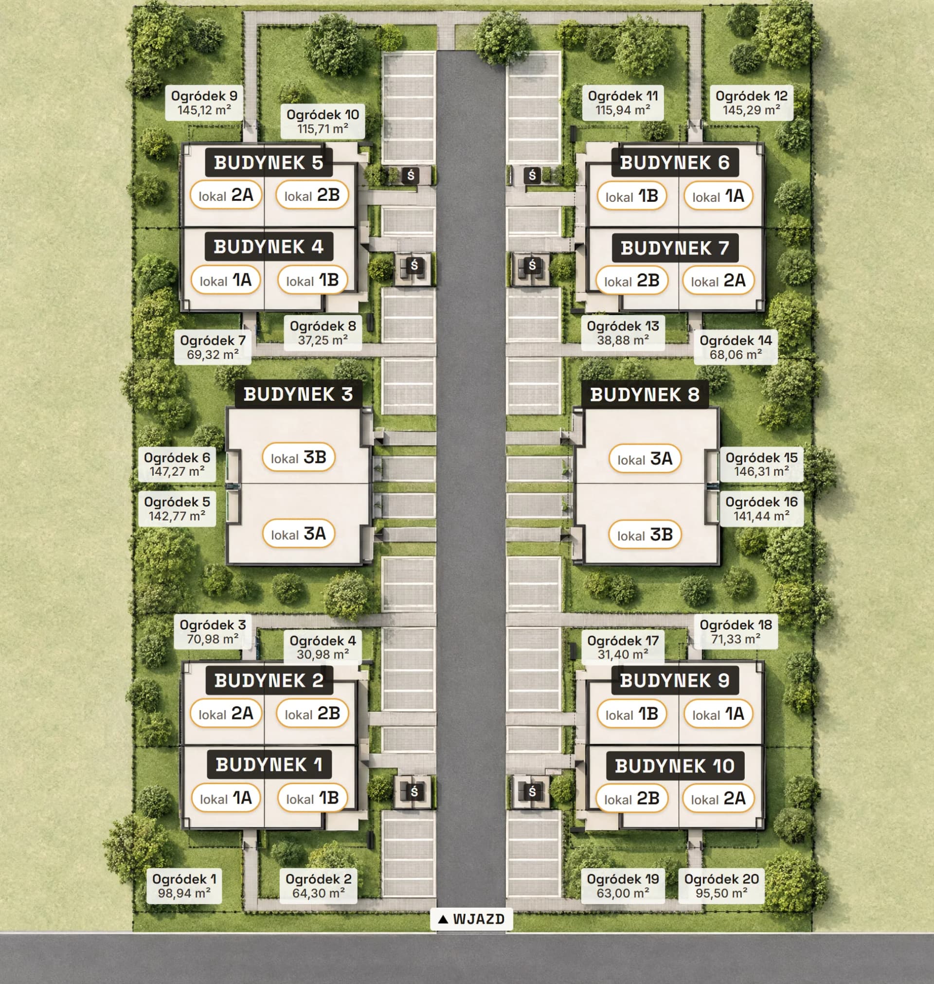 Plan zagospodarowania osiedla Plażowa Park: dziesięć budynków po obu stronach drogi wewnętrznej, przy każdym mieszkaniu i domu ogródek
